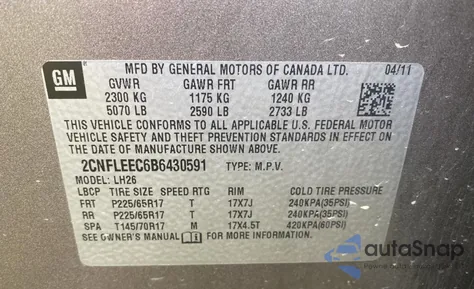 2011 Chevrolet Equinox Lt z USA, uszkodzony, nr VIN 2CNFLEEC6B6430591